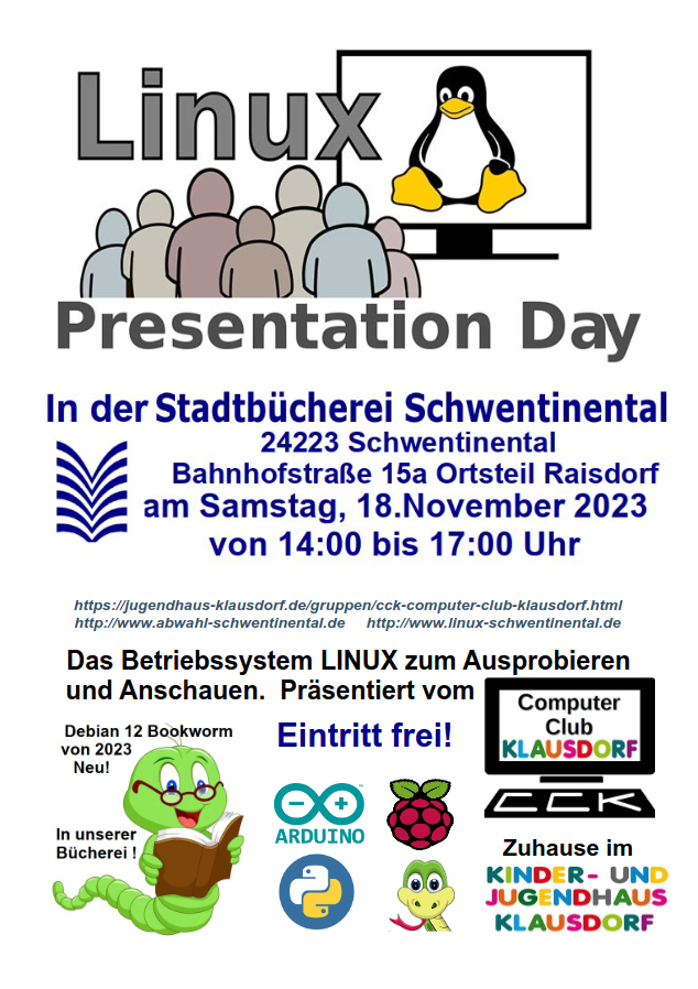 kielux's tweet image. Der Computer-Club Klausdorf lädt Euch zum #Linux Presentation Day am 18.11.2023 in der Bücherei Raisdorf von 14-17 Uhr ein!

jugendhaus-klausdorf.de/gruppen/cck-co…

#LinuxPresentationDay #LPD