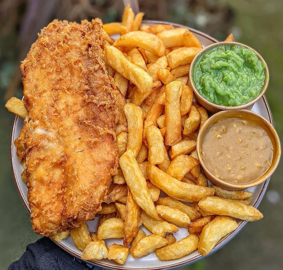 Fish, Chips, Mushy Peas and Curry Sauce