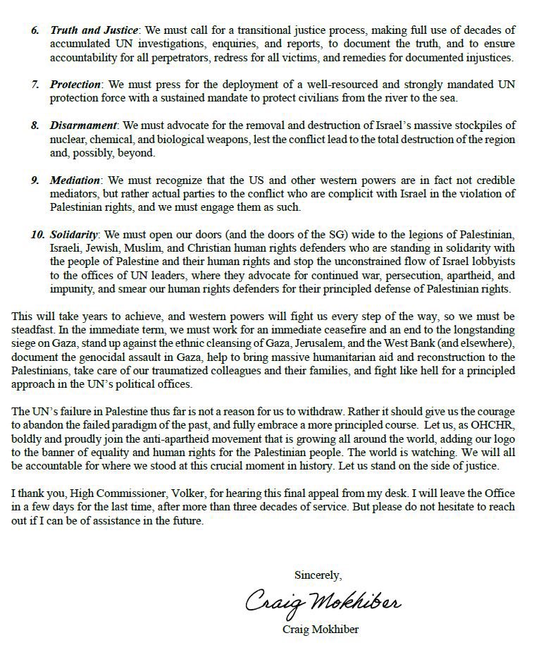 Below is the resignation letter of #CraigMokhiber, one the Directors of the UN High Commissioner for Human Rights.  

In his resignation letter Mr <a href="/CraigMokhiber/">Craig Mokhiber</a> talks about the UN’s inability to stop the “text-book case of genocide” against Palestinians in Gaza. He adds that