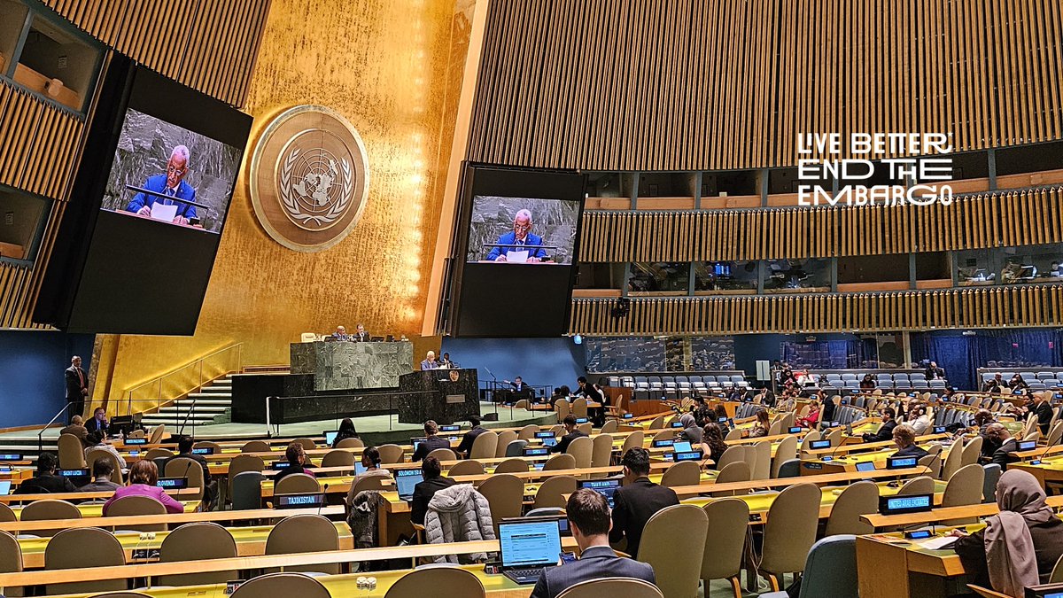 At the #UNGA78 debate on the embargo, the international community has overwhelmingly rejected that inhumane policy and called for Cuba's removal from the list of States sponsors of terrorism. We appreciate support to Cuba's just claim to #LiveBetter, #EndTheEmbargo.