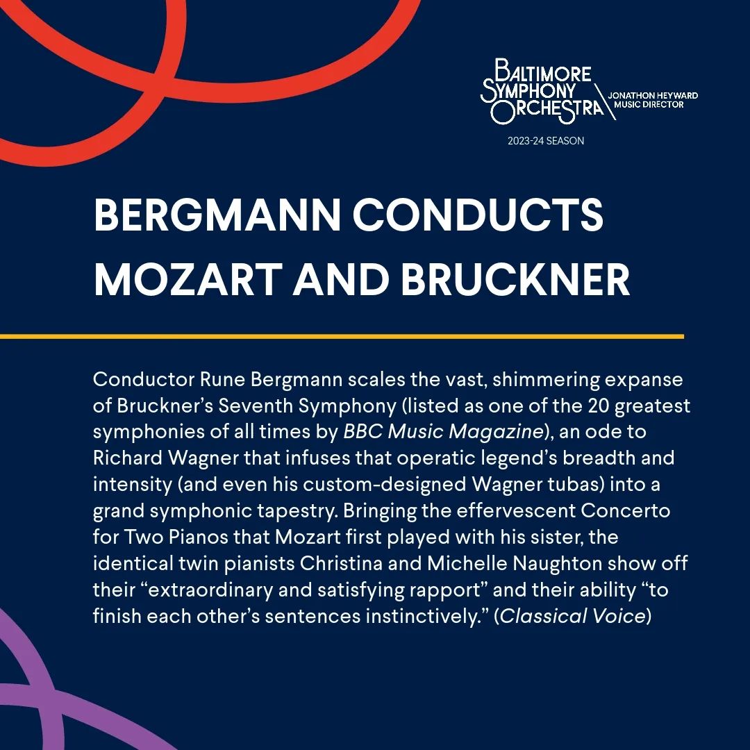 This weekend, you don't want to miss Mozart's effervescent Concerto for Two Pianos with sister musicians Christina and Michelle Naughton 🎹🎼 together with Conductor Rune Bergmann and our world class BSO Musicians.

 Head to our website and grab your ticket today 🎟️!