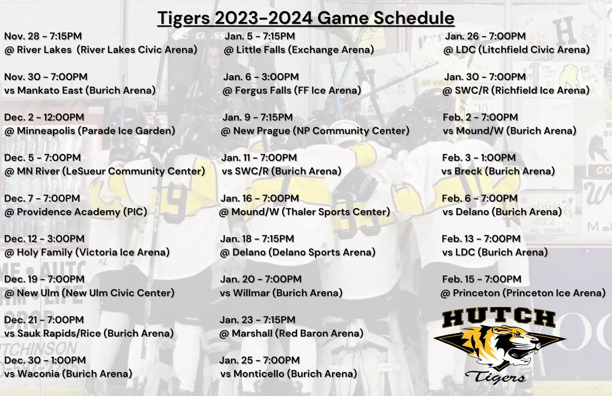 hutchhockey20's tweet photo. ‘23-‘24 Hutchinson HS Hockey schedule.

More schedule information can be found here: https://t.co/ieSrftXLP4 https://t.co/2P75zDM6mJ
