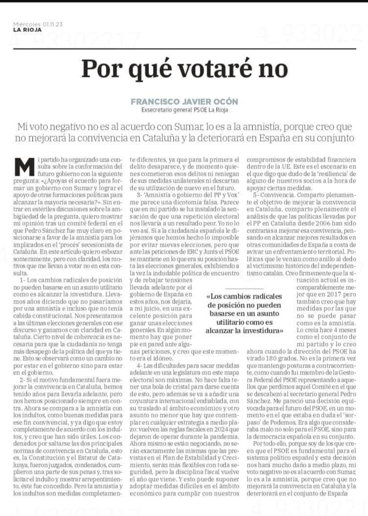 fjoconp's tweet photo. Hoy Diario La Rioja ha publicado una tribuna en la que explico los motivos por los que votaré no en la consulta que ha organizado el PSOE de cara a la conformación de gobierno. Es un no a la amnistía. No creo que ni que sea justa ni que ayude a la convivencia en España. https://t.co/RNZ0ubKAi6