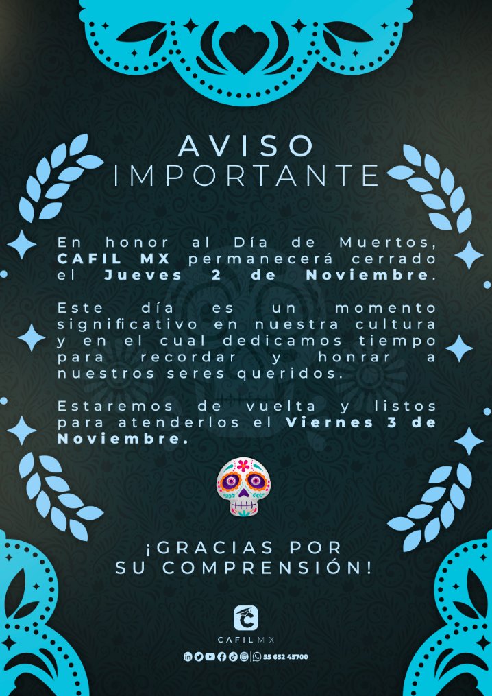 ¡Hola Cafieles! 🕯 🎃

Hoy, en el #DíadeMuertos, recordamos con amor y alegría a aquellos que han iluminado nuestro camino.

Gracias por su comprensión mientras honramos esta tradición especial. Estaremos de vuelta y listos para servirles mañana, el 𝟯 𝗱𝗲 𝗡𝗼𝘃𝗶𝗲𝗺𝗯𝗿𝗲.