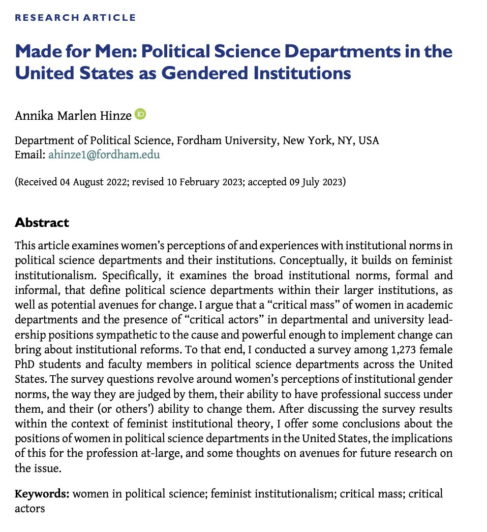 📣 Out on #FirstView 📣 In 'Made for Men: Political Science Departments in the United States as Gendered Institutions' Annika Hinze surveys female PhD students and faculty in 🇺🇸 poli sci departments about the institutional gender norms they encounter cambridge.org/core/journals/…