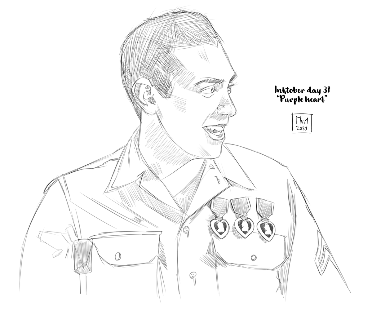 BoB inktober day 31. Purple heart. I know I'm a day late, but to finish off this inktober, here's Smokey Gordon with 3 purple hearts. Thanks to everyone who's been following along. Which drawing has been your favourite? #inktober #inktober2023