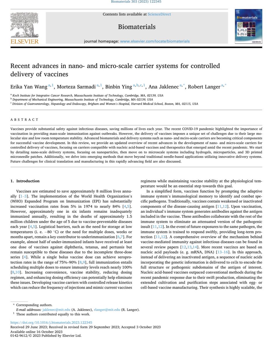 Binbin Ying 应斌斌 (@yingbinbin) on Twitter photo My co-first author review paper is online on <a href="/Biomaterials_/">Biomaterials</a>. With #RobertLanger, <a href="/erika_ywang/">Erika Wang</a> and others, we perspectively summarize the recent advances in nano- and micro-scale systems for controlled deliver of vaccines. Link: authors.elsevier.com/c/1i0KwWWN0wUsI My co-first author review paper is online on <a href="/Biomaterials_/">Biomaterials</a>. With #RobertLanger, <a href="/erika_ywang/">Erika Wang</a> and others, we perspectively summarize the recent advances in nano- and micro-scale systems for controlled deliver of vaccines. Link: authors.elsevier.com/c/1i0KwWWN0wUsI