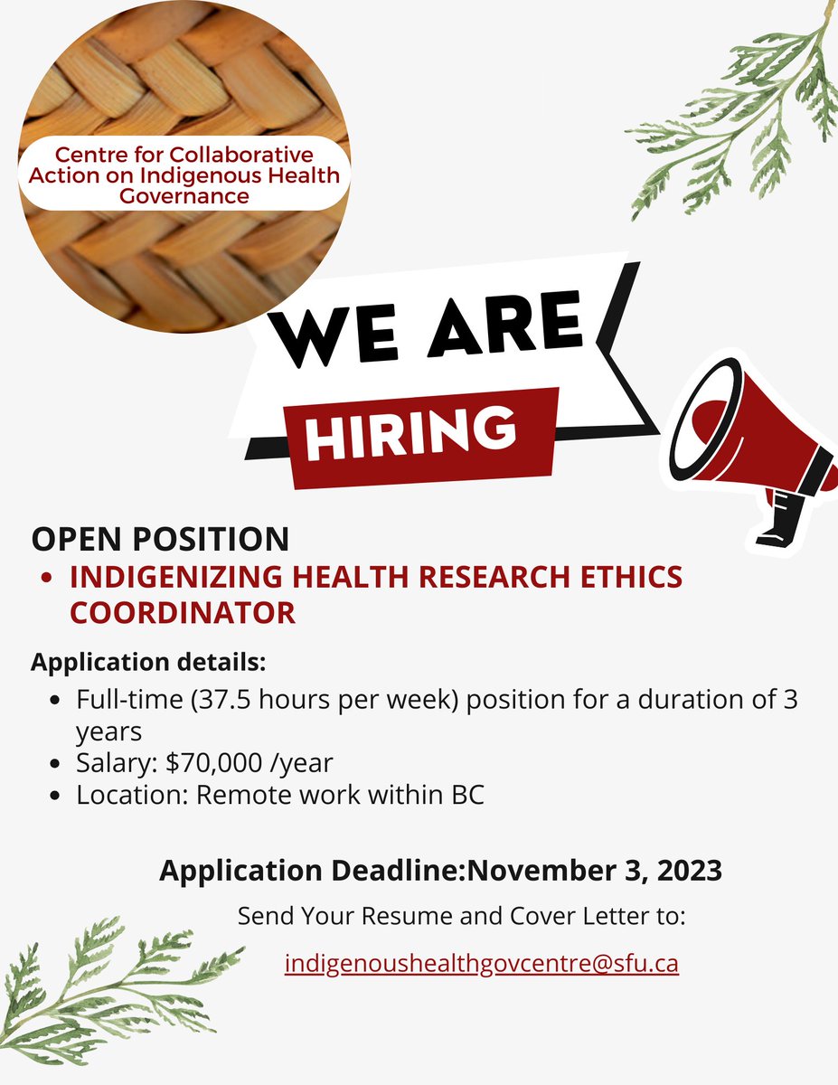 BC NEIHR (@bcneihr) on Twitter photo There is still time to apply for this amazing opportunity!
Work with <a href="/KStelkia/">Dr. Krista Stelkia</a> and an incredible team of colleagues and partners on an innovative Indigenous-led project on Indigenizing Health Research Ethics
Info: bit.ly/476iiFG
<a href="/CCAIHG/">Centre for Indigenous Health Governance</a> <a href="/SFU_FHS/">SFU Health Sciences</a> There is still time to apply for this amazing opportunity!
Work with <a href="/KStelkia/">Dr. Krista Stelkia</a> and an incredible team of colleagues and partners on an innovative Indigenous-led project on Indigenizing Health Research Ethics
Info: bit.ly/476iiFG
<a href="/CCAIHG/">Centre for Indigenous Health Governance</a> <a href="/SFU_FHS/">SFU Health Sciences</a>
