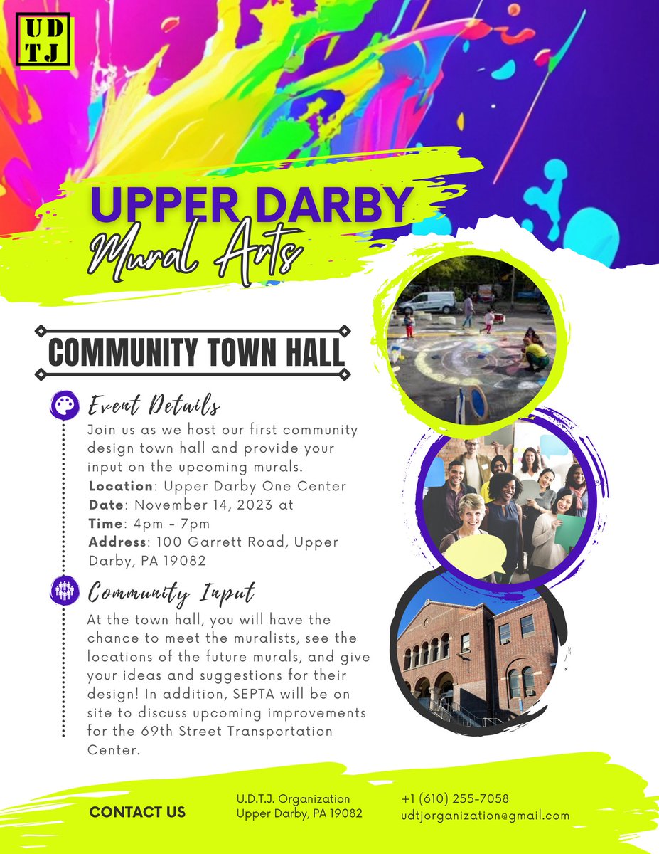 UDTJ7's tweet photo. 🎨 Save the date! 🎨

We're thrilled to announce the Upper Darby #mural Arts Program's FIRST Community Design Town Hall! 🏘️

🗓️ Date: November 14th, 2023
🕓 Time: 4:00 PM - 7:00 PM
📍 Location: Upper Darby One Center, 100 Garrett Road, #UpperDarby, PA 19082 #delco #art #udhs https://t.co/nfcwkGCZTJ
