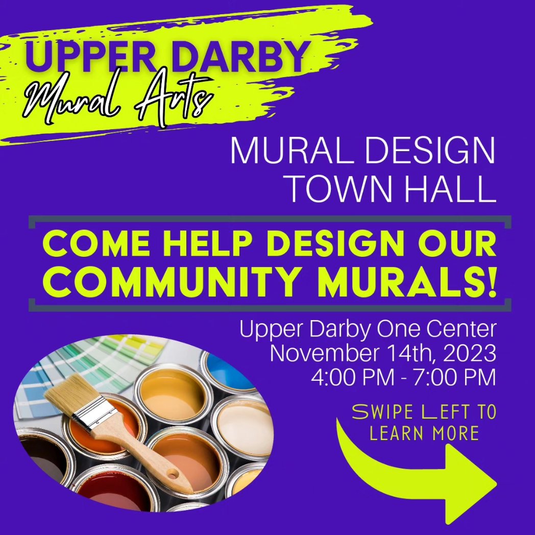 UDTJ7's tweet photo. 🎨 Save the date! 🎨

We're thrilled to announce the Upper Darby #mural Arts Program's FIRST Community Design Town Hall! 🏘️

🗓️ Date: November 14th, 2023
🕓 Time: 4:00 PM - 7:00 PM
📍 Location: Upper Darby One Center, 100 Garrett Road, #UpperDarby, PA 19082 #delco #art #udhs https://t.co/nfcwkGCZTJ