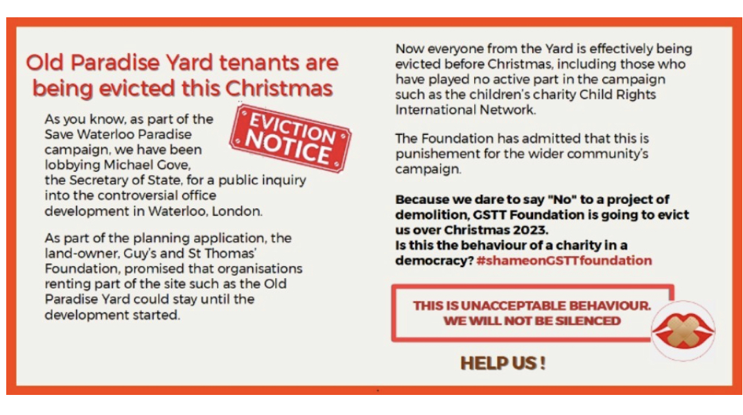 WCDG6's tweet image. Pls RT! ROYAL ST PUNISHMENT EVICTIONS - PROTEST!  Come and join WCDG and businesses in a street protest at the Foundation&apos;s offices in Loman St, SE1 (off Great Suffolk St) Thursday 2nd Nov at 1pm wcdg.org.uk/home/royal-st-…