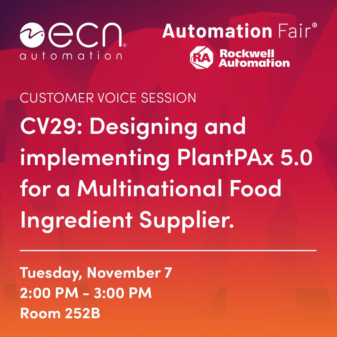 ECNautomation's tweet image. Join us at the Automation Fair in our Customer Voice session, CV29 - Designing and implementing PlantPAx 5.0 for a Multinational Food Ingredient Supplier
📆 Tuesday, November 7, 2:00 PM - 3:00 PM
📍 Room 252B

#AutomationFair2023 #ROKevents #ROKPartners