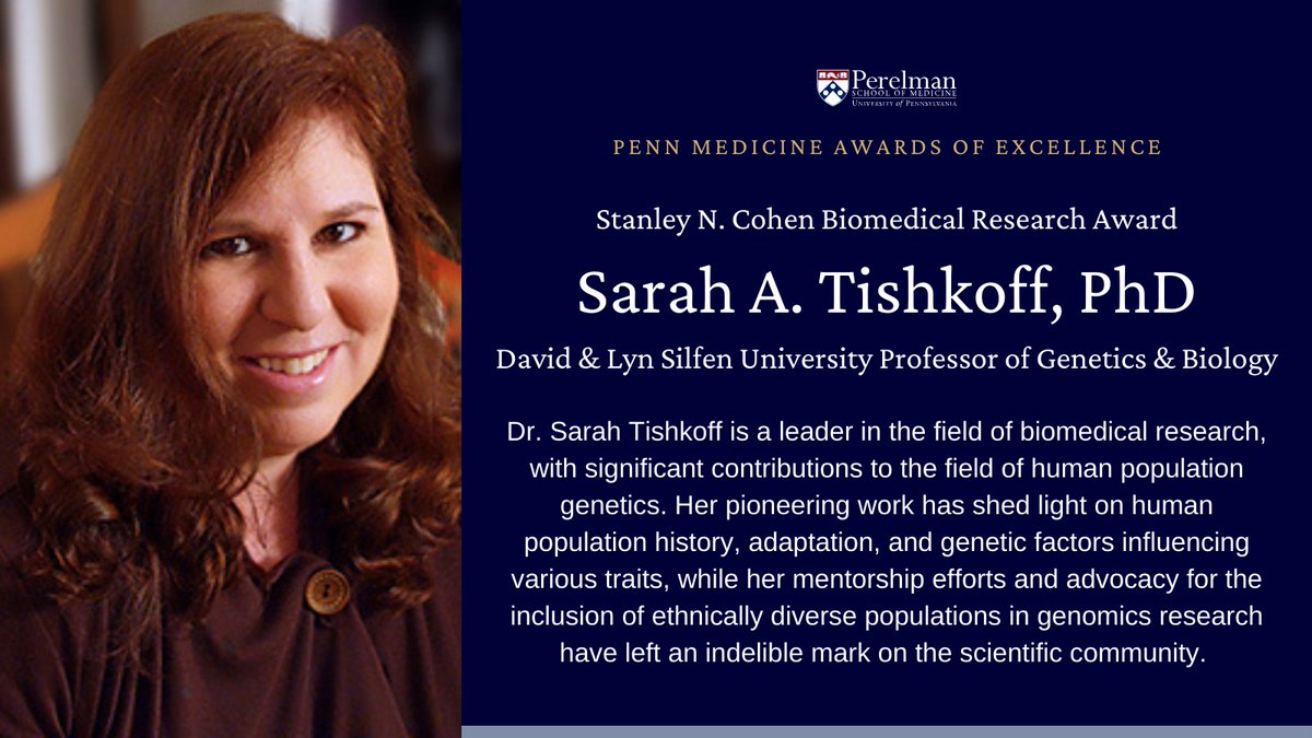 Congratulations to @SarahTishkoff (@penngenetics/ @PennGGHE/ @PennBiology), recipient of the Stanley N. Cohen Biomedical Research Award! Learn more about Dr. Tishkoff & her work here➡️ shorturl.at/rH567 #PSOMAOE