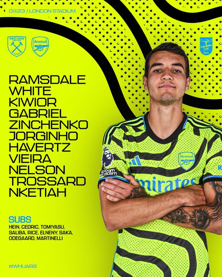 Starting XI: Ramsdale, White, Kiwior, Gabriel, Zinchenko, Jorginho, Havertz, Vieira, Nelson, Trossard, Nketiah

Substitutes: Hein, Cedric, Tomiyasu, Saliba, Rice, Elneny, Saka, Odegaard, Martinelli