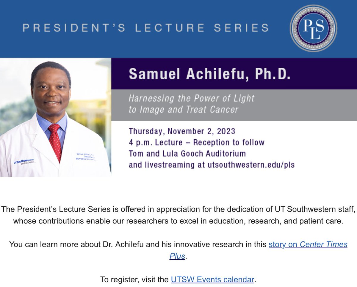 Come join us for the exciting lecture by the inaugural Chair of the Department of Biomedical Engineering, titled “Harnessing the Power of Light to Image and Treat Cancer,” at 4p.m. in the Tom and Lula Gooch Auditorium on South Campus. <a href="/Achilefu_Lab/">Achilefu Lab</a> <a href="/SamuelAchilefu/">Samuel Achilefu</a> @UTSWNews