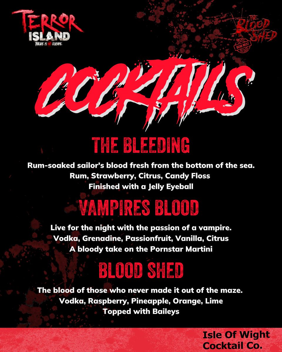 After braving our scare mazes, reward yourself with a 'bloody' cocktail to top off your wild night. 🍹

It's a killer experience, and you won't want to miss it! 🩸

Check out the rest of the menu here: terrorisland.co.uk/attractions/fo…

#ScareMaze #TerrorIsland #NightOut #IsleOfWight