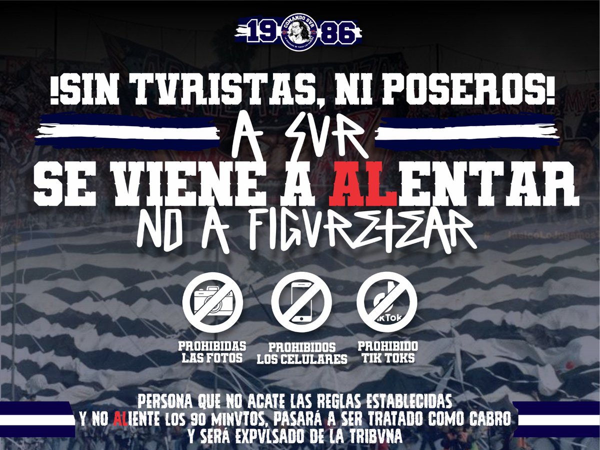 ComandoSvr1986's tweet photo. *REPVBLICA POPVLAR SVR*

SI PIENSAN VENIR A LA TRIBUNA SVR,  A FIGURETEAR RECOMENDAMOS PODER OPTAR POR OTRAS TRIBUNAS.

A SVR SE VIENE A DEJAR LA GARGANTA Y EL CORAZÓN.

TENER EN CUENTA Q HABRÁ UN EQUIPO DESIGNADO POR EL COMANDO SVR, PARA EVITAR FOTOS, GRABACIONES O ESTAR SENTADO https://t.co/ZMaenJ37bg