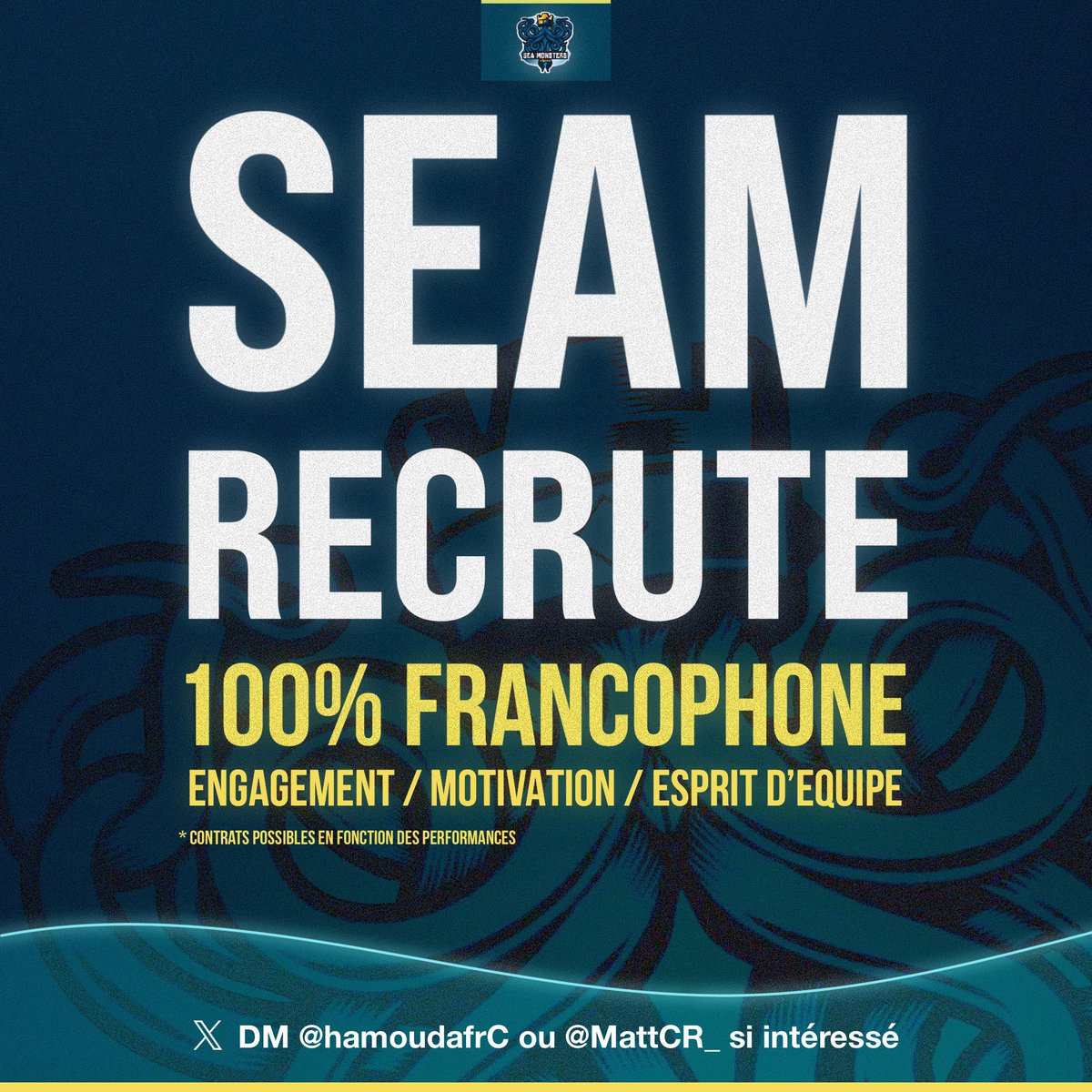 La Team SeaM recrute !!! 

On compte sur vous ✌️

#GoTeamSeam 

Contacts : 
@HamoudafrC 
<a href="/MattCR_/">Matt 🐐</a>
<a href="/SeaM_I_Eli/">SeaM I Eli 🦐</a> 
<a href="/hell_boliviano/">hell_boliviano</a> 

📷 <a href="/LanceDesigner/">ItsAsher</a>