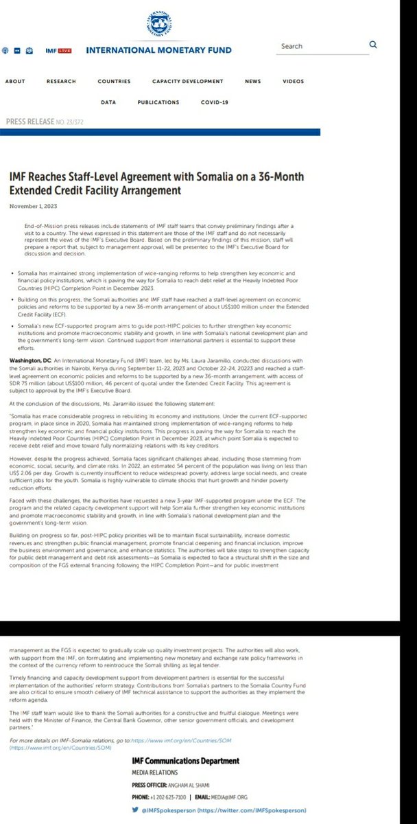 dhogorlibah's tweet photo. #IMF Reaches Staff-Level Agreement with #Somalia on a 36-month extended Credit Facility Arrangement. https://t.co/wLr7V3KQsy