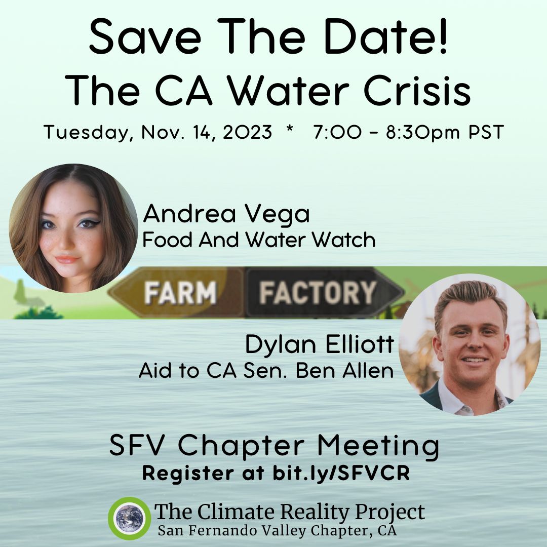 Save the date! In our Nov chapter meeting, we'll focus on something important to all Californians: water! Join us for a discussion of agriculture, the CA #watercrisis, the #FarmBill, and #cleanwater for all. Register at bit.ly/SFVCR and join us on Tues 11/14, 7-8:30pm!