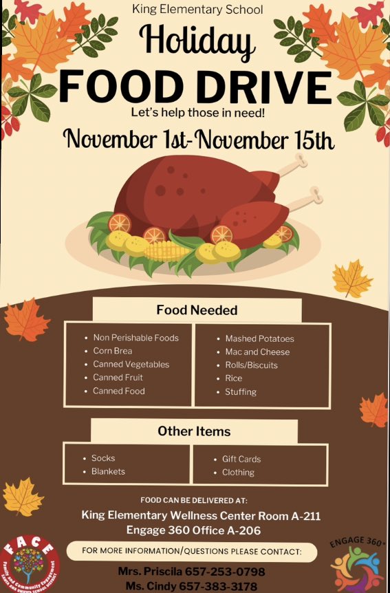king_engage360's tweet image. Hi everyone King Elementary’s FACE &amp;amp; Engage 360 will be collaborating to do a food drive this year! Help spread the word❤️
Hola todos, FACE y E360 ​​de King Elementary colaborará para realizar una colecta de alimentos este año! ¡Ayuda nos a pasar la información a la comunidad❤️