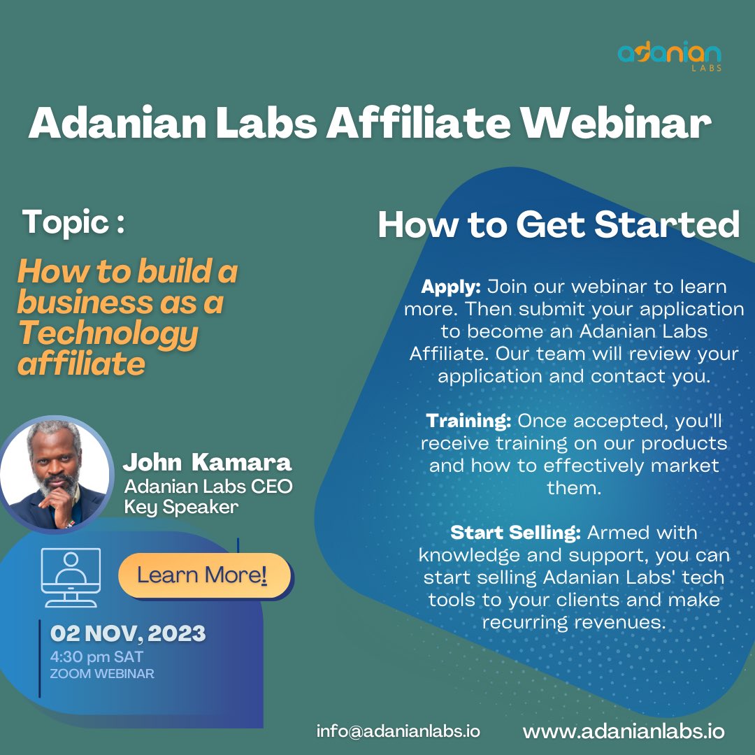 Master how to build a business as a Technology Affiliate with us <a href="/Adanianlabs/">Adanian labs</a> . Register to attend the #AdanianLabs Affiliate webinar taking place tomorrow at 16h30 SAST

adanianlabs.io/AffiliatePartn…