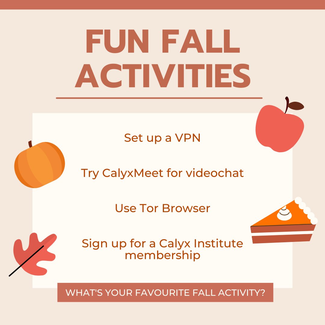 calyxinstitute's tweet image. Feeling festive this #fall? Here are some activity ideas for friends of Calyx and fellow defenders of digital rights 🍂 #PrivacyForAll