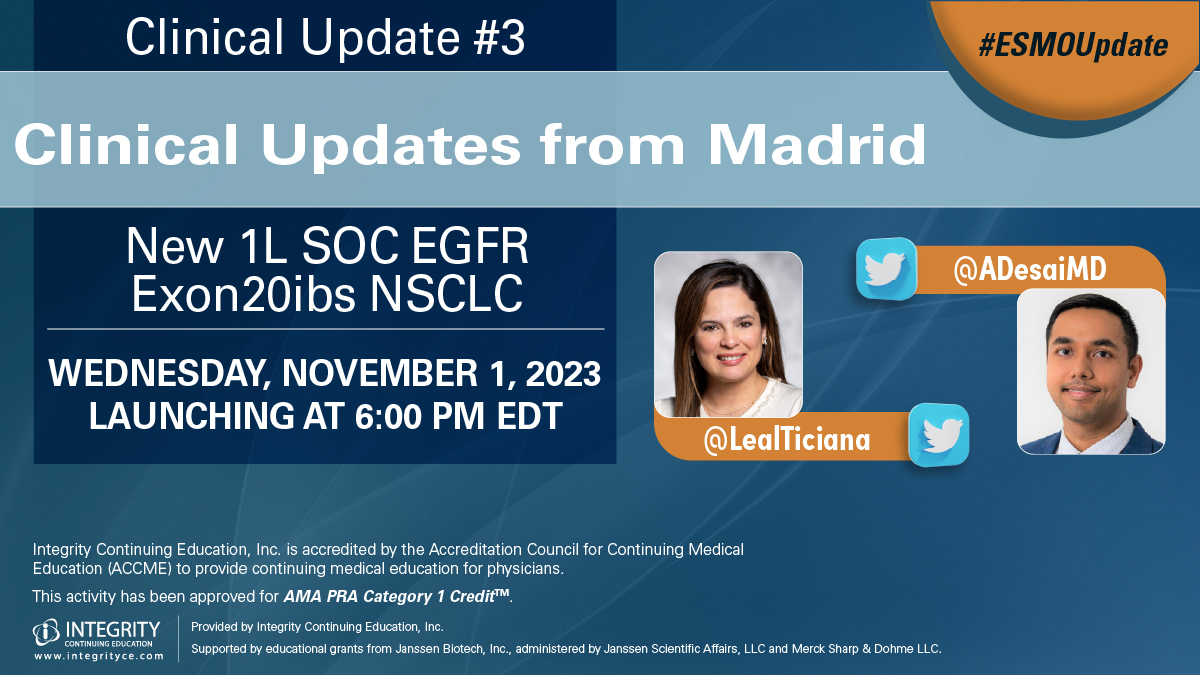 SoMeCME's tweet image. It's almost time for #ESMOUpdate #3

💬 New 1L SOC EGFR Exon20ibs NSCLC
👥 @LealTiciana &amp;amp; @ADesaiMD
📍 @SoMeCME
🕕 TONIGHT at 6:00 PM EDT
📅 evt.to/asaadsoew

#MedEd #FOAMed #MedTwitter