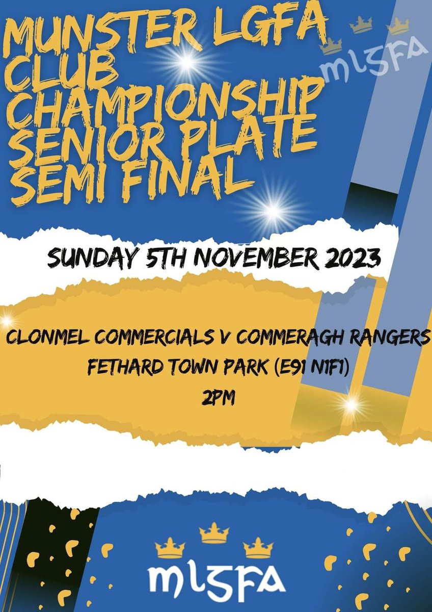 ClonmelLadies's tweet photo. Our Munster Semi final is almost upon us. Please note that due to poor pitch conditions the match venue has been changed to Fethard Town Park. Looking forward to seeing you all there. 💚💛 https://t.co/AFdH7a3atm