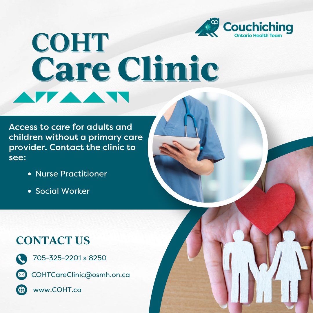 The COHT Care Clinic serves children and adults located in the Couchiching area who do not have a health care provider!

We are providing #AccessToCare & the #RightCareRightPlace for our community

📍170 Colborne St W, Orillia
📞 705-325-2201 ext 8250
📧 COHTCareClinic@osmh.on.ca