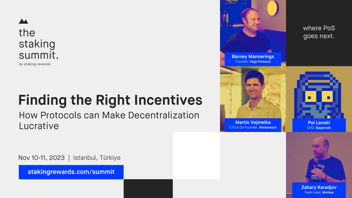 📣 New #StakingSummit panel announcement!

How can protocols make decentralization lucrative?

We bring together <a href="/barnabee/">barney</a> (<a href="/vegaprotocol/">Vega Protocol</a>), <a href="/shipthecode/">shipthecode | RapidSOS</a> (<a href="/rockawayx_labs/">RockawayX Labs</a>), <a href="/Pol_Lanski/">Pol Lanski 🥩,🤖</a> (<a href="/dappnode/">Dappnode</a>) &amp; Zahary Karadjov (<a href="/ethnimbus/">Nimbus</a>) to discuss.

Get tickets ⬇️
bit.ly/stakingsummit23