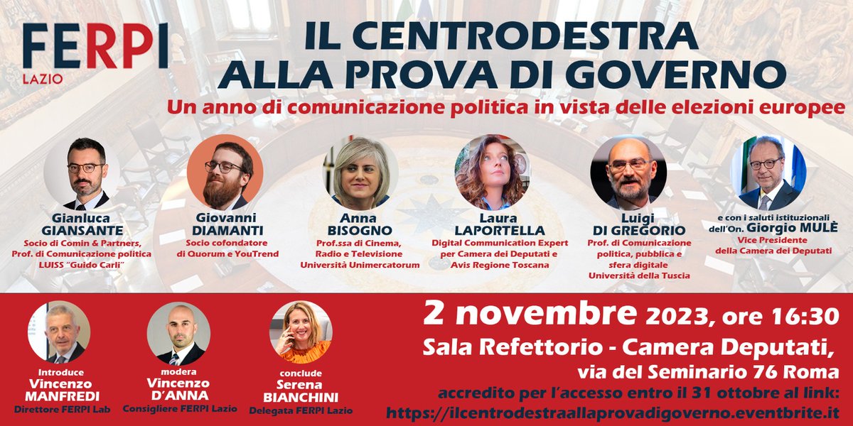 Facciamo il punto? #Centrodestra al governo. Un anno di comunicazione.

Ci vediamo DOMANI, 2 novembre ore 16.30, Camera dei Deputati, Sala Refettorio.

Iscrizioni chiuse. Possibili ultimi posti solo scrivendo a delegazione.lazio@ferpi.it