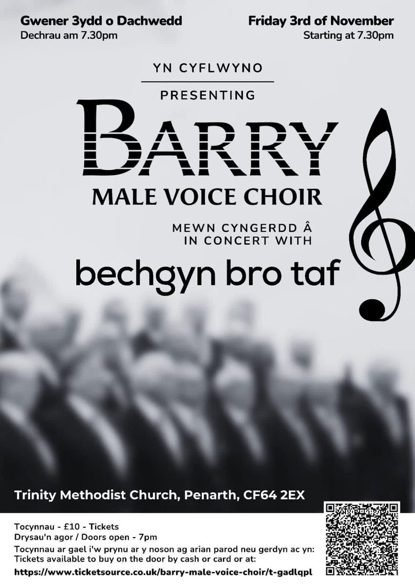 Bechgyn Bro Taf 🎶 (@bechgynbrotaf) on Twitter photo Nos wener yma | This Friday 🎶
Dewch i weld ni a <a href="/BarryMaleVoice/">BarryMaleVoiceChoir</a> ym Mhenarth nos wener.
Come and join us and <a href="/BarryMaleVoice/">BarryMaleVoiceChoir</a> for a concert at Trinity Methodist Church, Penarth.
⏰ 7.30pm, Friday 3rd November.
🎟️ Tocynnau | Tickets:
ticketsource.co.uk/whats-on/penar… Nos wener yma | This Friday 🎶
Dewch i weld ni a <a href="/BarryMaleVoice/">BarryMaleVoiceChoir</a> ym Mhenarth nos wener.
Come and join us and <a href="/BarryMaleVoice/">BarryMaleVoiceChoir</a> for a concert at Trinity Methodist Church, Penarth.
⏰ 7.30pm, Friday 3rd November.
🎟️ Tocynnau | Tickets:
ticketsource.co.uk/whats-on/penar…
