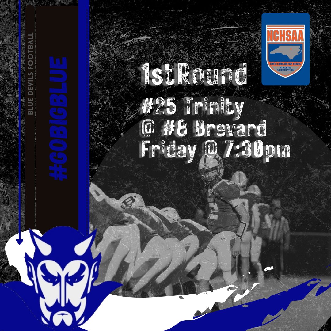BHSBlueDevil_FB's tweet photo. This Friday we take the field for a home playoff game vs Trinity HS! Come out and pack the stands and cheer on the blue devils in our first home playoff game since 2019! #GoBigBlue #StatePlayoffs #Compete https://t.co/2VpA0uBslk