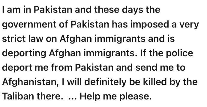 This evening I received the following message, after the news that Pakistan will deport Afghans back in to Afghanistan.

Imagine being in this position? It is truly heartbreaking.