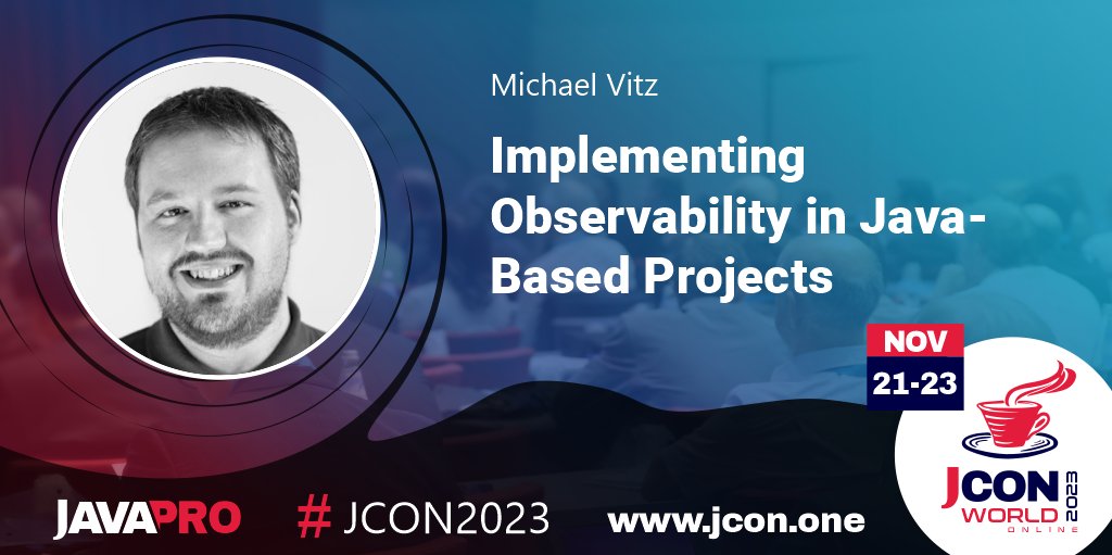 jcon_conference's tweet image. See @michaelvitz at #JCON2023 WORLD ONLINE  talking about 'Implementing Observability in Java-Based Projects'

In the age of #microservice architectures and #cloudnative applications, it is crucial to understand …

Get your free #JUG Ticket: jcon.one