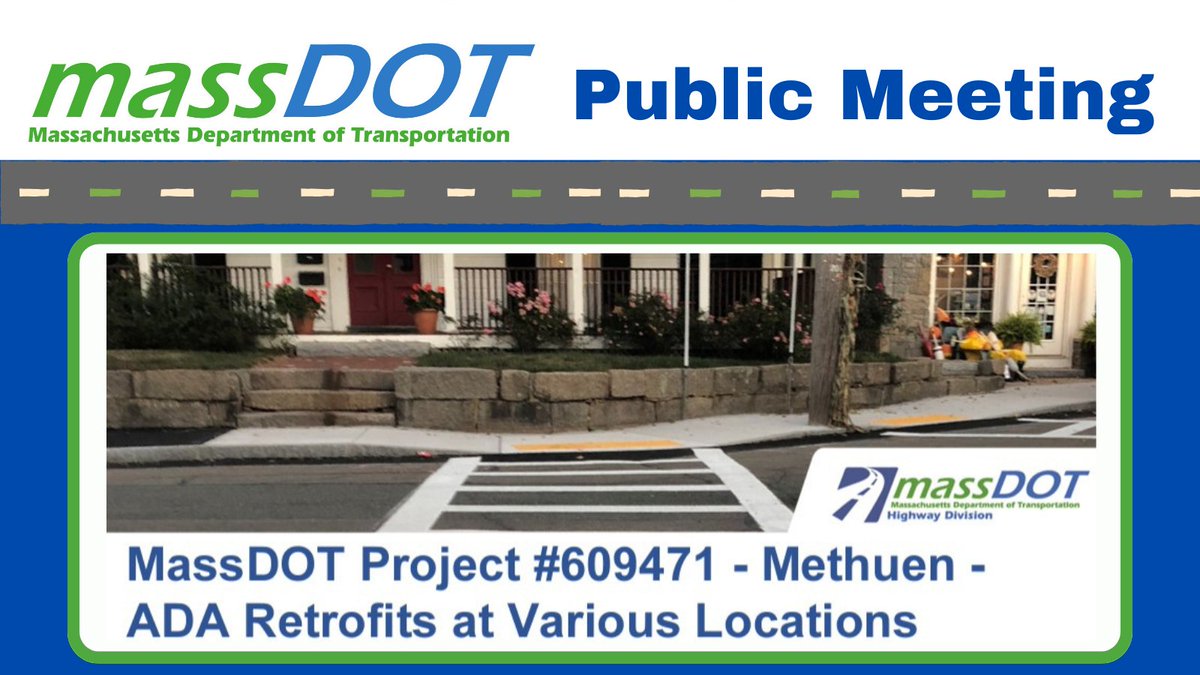 MassDOT's tweet photo. Tonight 11/1, at 6:00pm, #MassDOT will hold an Virtual Design Public Hearing to present the design for the proposed Methuen - ADA Retrofits at Various Locations project.

 ℹ️ https://t.co/3JDgZIC1tP https://t.co/D3NqKYlrA4
