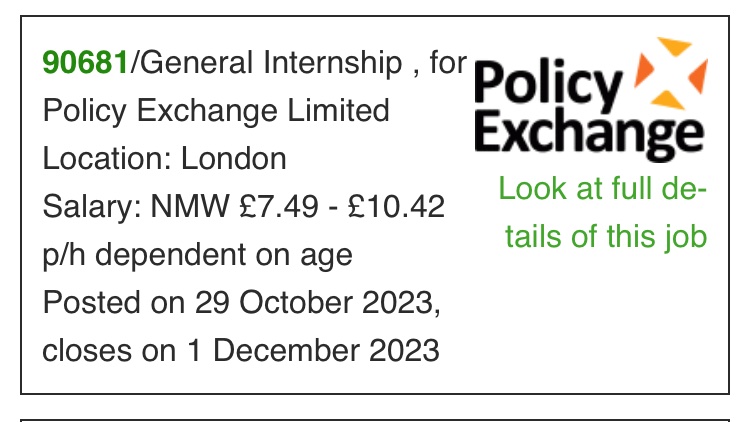 The lower salary of this @Policy_Exchange internship = £1218 take home/month. Average rent for a room in London is £989 per @SpareRoomUK Ad goes on to say they “welcome applications from all sections of the community” - just presumably not young people without parents in London