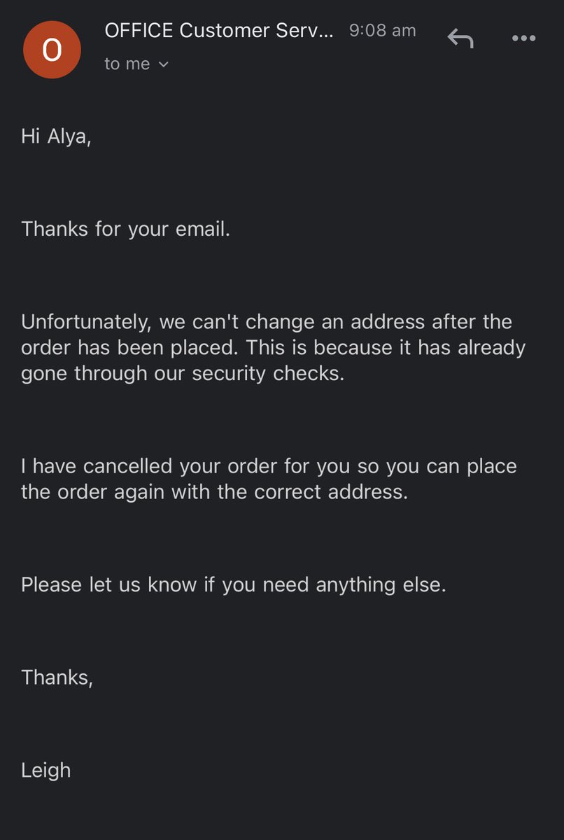 bIossomtk's tweet photo. @OfficeShoes I emailed asking if I could change the address for my order and this was the response. I think it’s ridiculous that my order got cancelled when I never sent confirmation that I wanted my order to be cancelled - https://t.co/n3JVLcc477