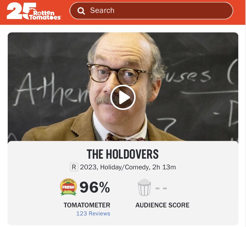 FilmUpdates's tweet photo. Alexander Payne’s ‘THE HOLDOVERS’ is certified fresh with a score of 96% on Rotten Tomatoes.

Starring Paul Giamatti, Da’Vine Joy Randolph and Dominic Sessa. https://t.co/iwTiuwO3Yu