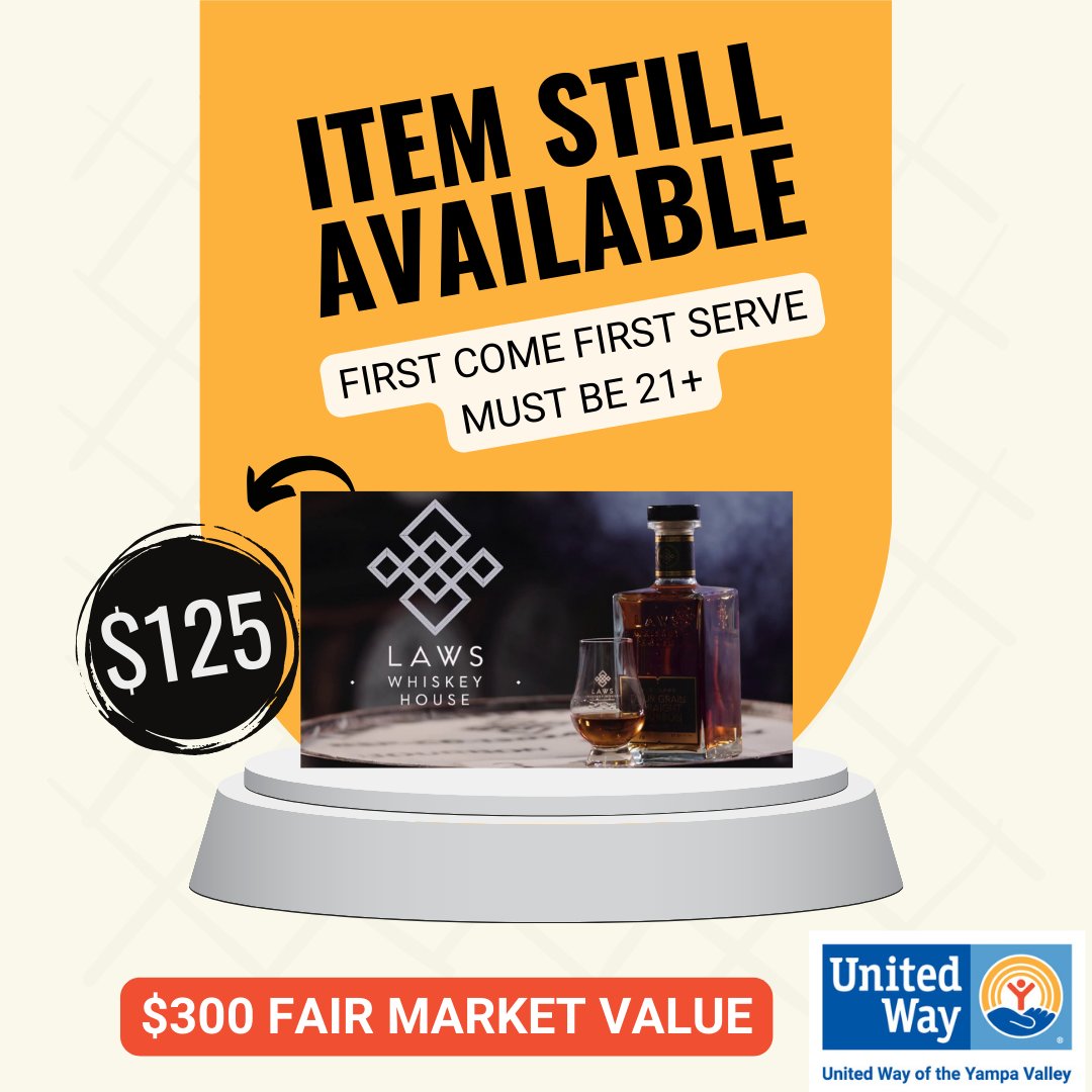 Laws Whiskey House Tour for 4 plus bottles!
We have some leftover items from our Amazing Autumn Auction. The first person to come to our Steamboat office at 443 Oak Street, Monday - Friday, 9 to 5 PM with payment for this item gets it! 

#unitedway