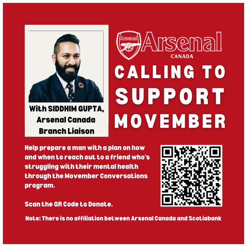 Our star volunteer Sid is here to shout out for a noble cause. Calling the Arsenal Canada family to support the month of #Movember 🥸

Scan the QR code if you wish to donate and help Sid's cause as well.

#Arsenal #ArsenalCanada #Gunners #Gooners
