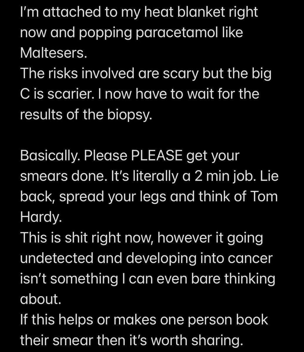 If you see this tweet, and need a reminder… 
Book your Cervical Screenings (Smear tests) please. 

Cervical cancer is preventable - do what you can to protect yourself 🤍 

#smeartest #cervicalscreening #health #cervicalcancer #prevention