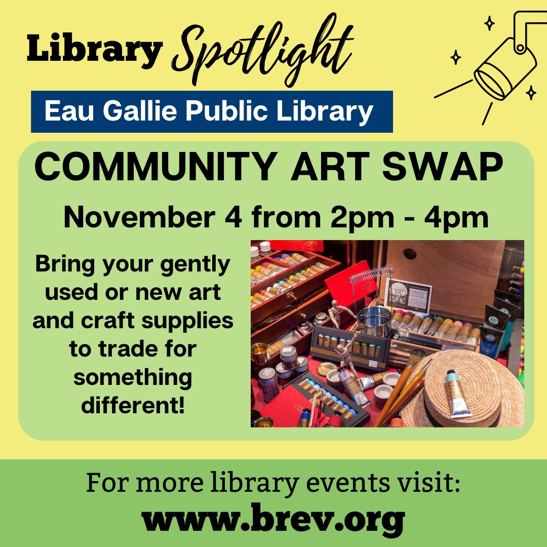 BrevLibraries's tweet photo. Check out the Community Art Swap at Eau Gallie Library on November 4 from 2pm - 4pm! Bring new or gently used arts and craft materials and trade for something new. #BrevardLibraries #EauGallie #Art
For more Library Events- https://t.co/dGwvGUzpFn https://t.co/UOBcUAfqWj