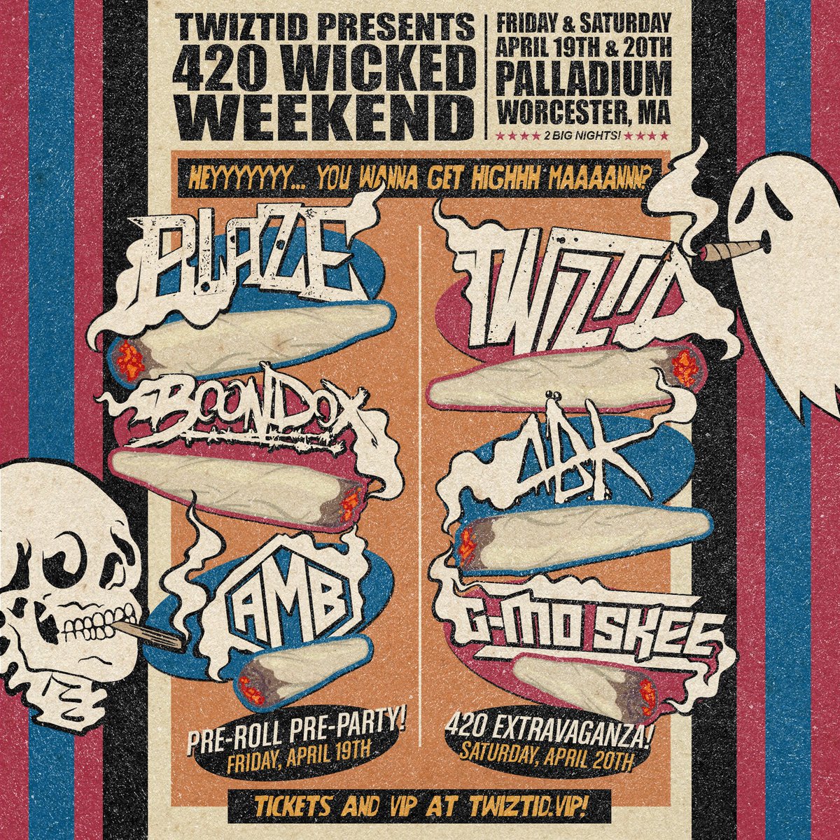 Twiztid Presents 420 Wicked Weekend on 4/19 & 4/20 in Worcester, MA at the Palladium! Pre-sale tickets on sale tomorrow use presale code bagz & general on sale/VIP are available starting Friday at 10am. Ticket link: bit.ly/Twiztid420Worc…  VIP Link: twiztid.vip