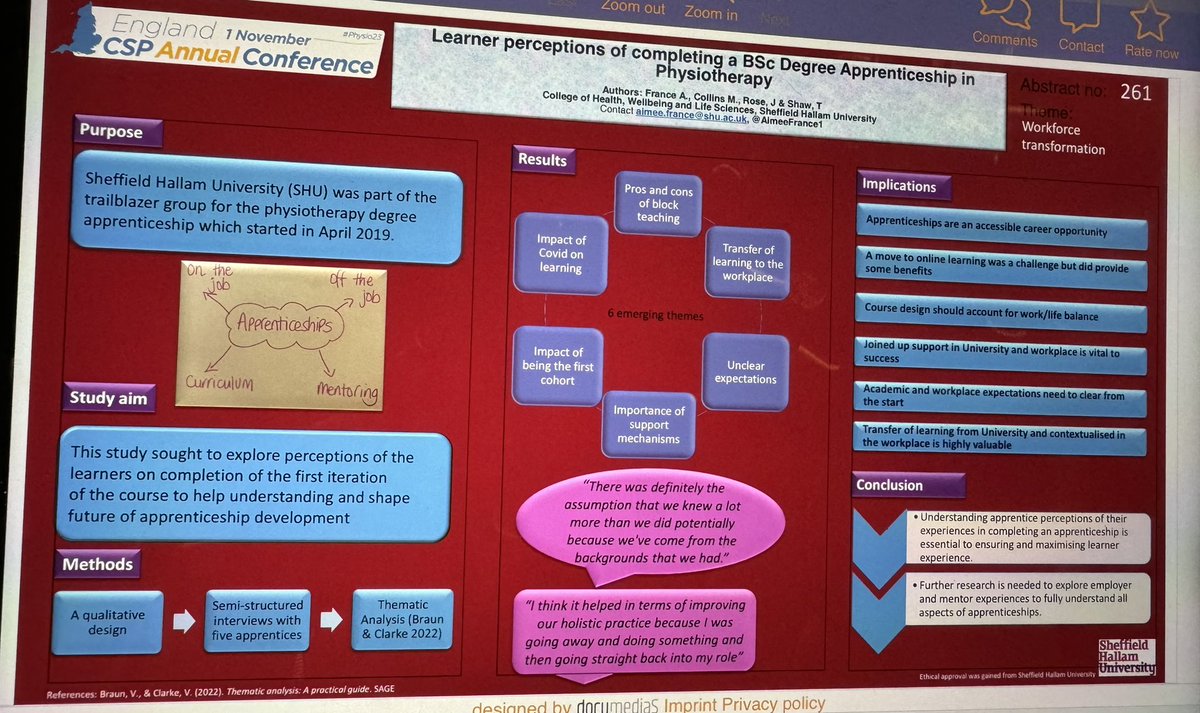 AimeeFrance1's tweet photo. Our poster sharing learning from the first SHU physiotherapy degree apprenticeship cohort at the CSP conference today @SHUDAPhysio @TomShaw04 @Joshuar06306072 https://t.co/Sdjey5Z853