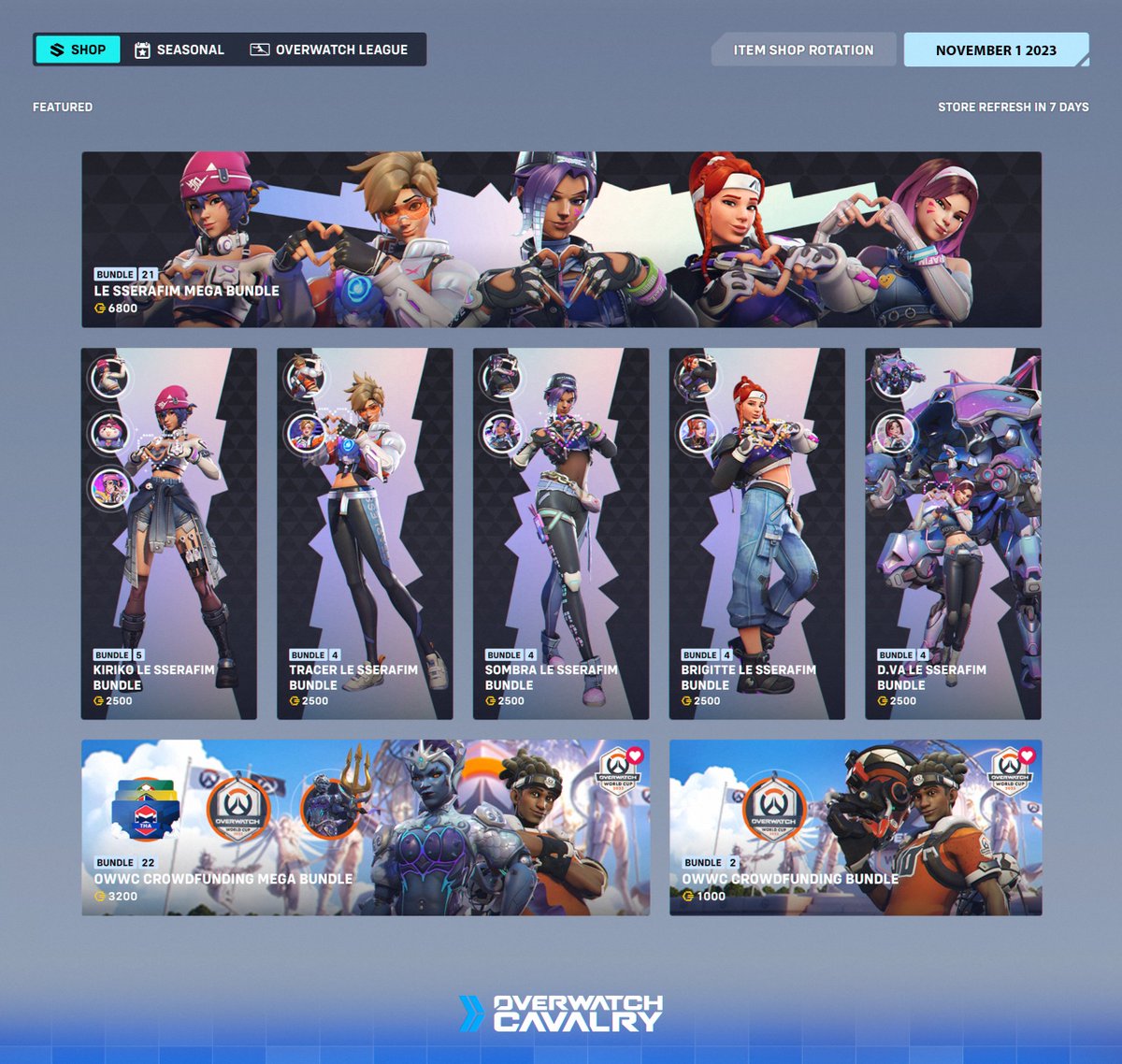 OWCavalry's tweet photo. 🛍 Overwatch 2 x LE SSERAFIM Item Shop: November 01 2023

Don’t miss out on these amazing skins for DVa, Tracer, Sombra, Brigitte and Kiriko! You can grab them all for 6800 Overwatch Coins in the mega bundle!

🛒 Purchase in-game or online: https://t.co/qBazjbwiIX https://t.co/2VCSUXck3A