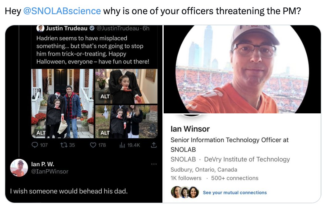 SnoYolk's tweet photo. This is an absolutely disgraceful look for DeVry University.

Ian Winsor needs to go.

@SNOLABscience @devryuniv 

@RCMPONT this man is threatening our PM

#DeVry #SNOLAB

NOTE: Apparently the 'brave' keyboard warrior, Ian, deleted his account PAWK! PAWK! 🐔 https://t.co/SAEgQKKFDw