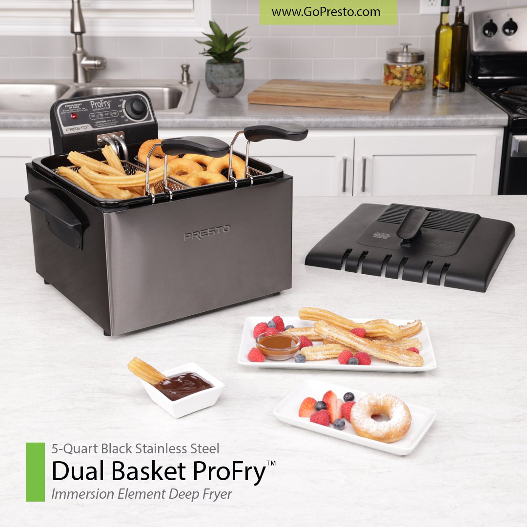 NationalPresto's tweet photo. The elegant black stainless steel 5-Qt Dual Basket Profry™ fries two foods at once or in extra-large single batches! #GoPresto #appliances #deepfryer https://t.co/NtJV7xSUMV