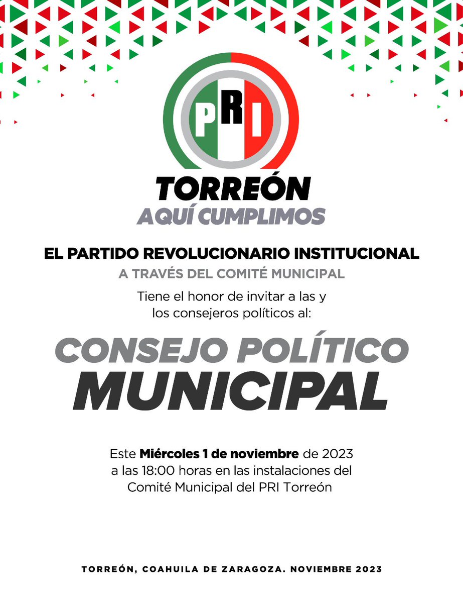 Te esperamos en la sesión del Consejo Político Municipal en las instalaciones del #PRI.

#AquíCumplimos
@veronica_mtz11 
<a href="/felipe_glz/">Felipe González</a>